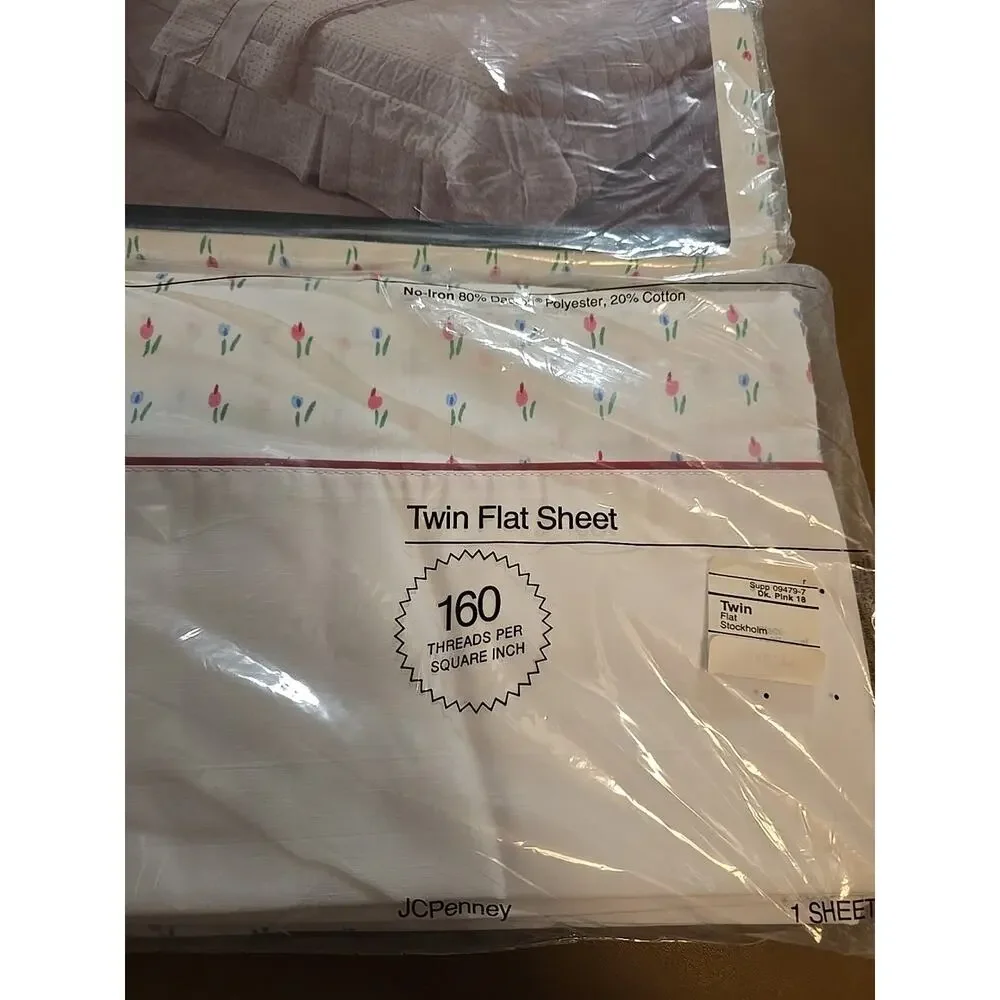 NEW‎ Lot of 2 Vtg JC Penney Stockholm White Tulips No-Iron Twin Flat Sheet Set
